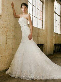Beautiful Sweetheart Ivory Lace Tulle Beading Trumpet/Mermaid Wedding Dresses #00016791
