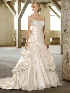 Sweetheart Satin Sweep Train Lace-up Beading Ivory Wedding Dress #00016798