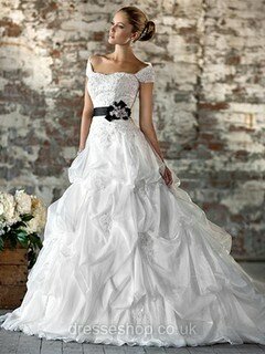 Ball Gown Off-the-shoulder Organza Sweep Train White Pick-Ups Wedding Dresses #00016806