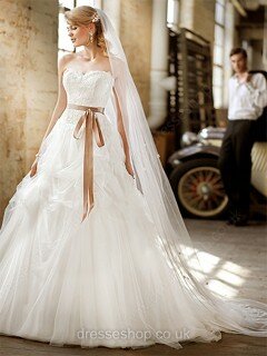 Ball Gown Sweetheart Tulle Satin Floor-length White Sashes / Ribbons Wedding Dresses #00016807
