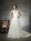 A-line Scoop Lace Satin Court Train White Beading Wedding Dresses #00016828