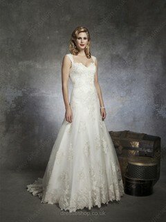 V-neck Great Sweep Train Lace with Appliques Lace Wedding Dress #00016837
