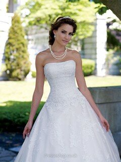 Ball Gown Strapless Tulle Satin Floor-length White Appliques Wedding Dresses #00016304