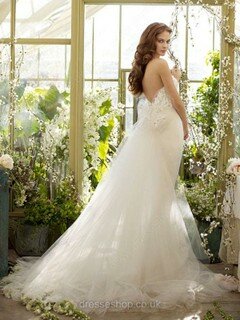 Sheath/Column Elegant White Tulle Appliques Lace Strapless Wedding Dress #00016329