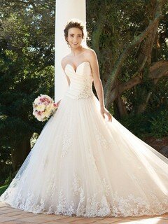 Ball Gown Sweetheart Tulle Satin Chapel Train White Appliques Wedding Dresses #00016333