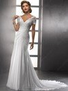 Sheath/Column V-neck Chiffon Chapel Train White Appliques Wedding Dresses #00016340
