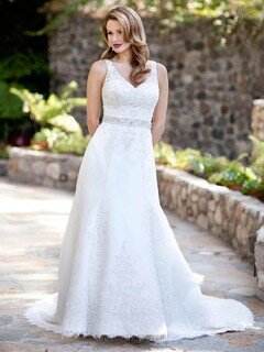 Affordable A-line V-neck Appliques Lace White Organza Wedding Dress #00016465