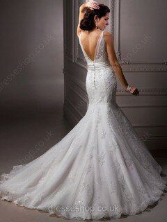 Modest V-neck Lace Chapel Train Sashes / Ribbons White Wedding Dresses #00016488