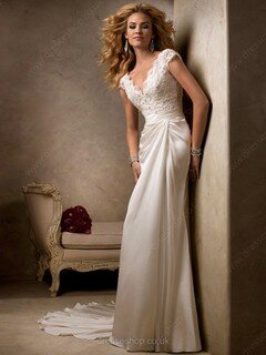 V-neck Ivory Silk-like Satin Appliques Lace Cap Straps Sheath/Column Wedding Dresses #00020362