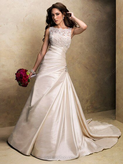 Sheath/Column Taffeta Court Train with Beading Modest Wedding Dress #00020371