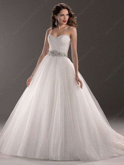 Modest Ball Gown White Tulle Crystal Detailing Sweetheart Wedding Dress #00020373