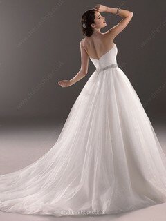 Modest Ball Gown White Tulle Crystal Detailing Sweetheart Wedding Dress #00020373