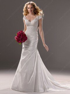 Open Back Trumpet/Mermaid Cap Straps Taffeta Appliques Lace V-neck Wedding Dress #00020379