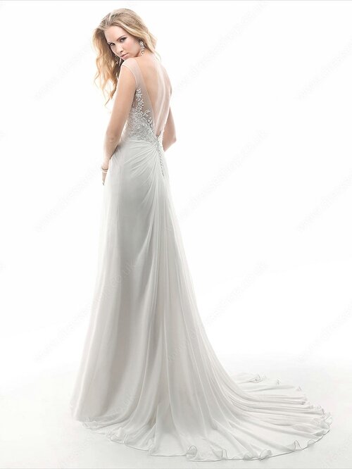 Sheath/Column Scoop Neck Chiffon Tulle Appliques Lace Open Back Pretty Wedding Dress #00020382