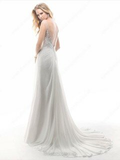 Sheath/Column Scoop Neck Chiffon Tulle Appliques Lace Open Back Pretty Wedding Dress #00020382