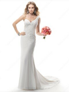 One Shoulder Backless Chiffon Appliques Lace Sexy Trumpet/Mermaid Wedding Dress #00020385