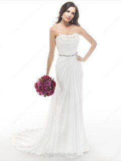 Popular Sheath/Column Strapless Chiffon with Beading White Wedding Dresses #00020402