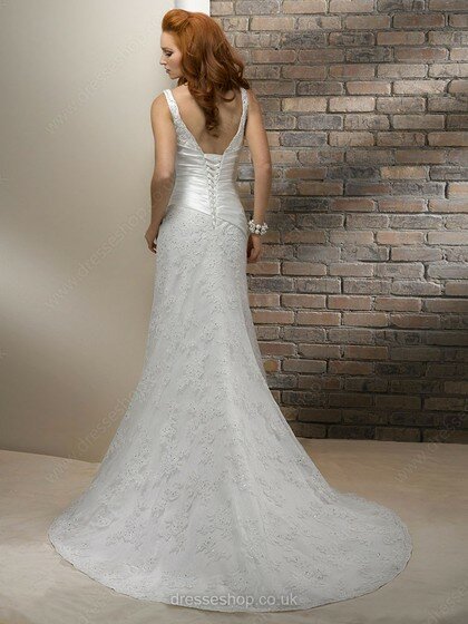 White V-neck Lace with Bow Lace-up Sheath/Column Wedding Dress #00020406
