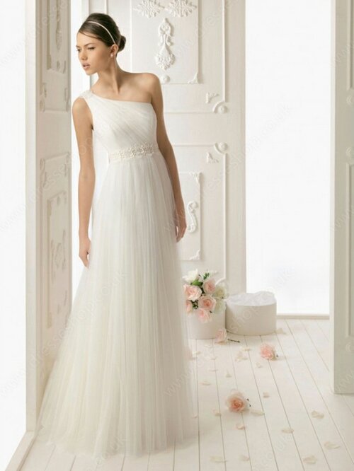 White One Shoulder Unique Tulle Beading Sheath/Column Wedding Dress #00012113