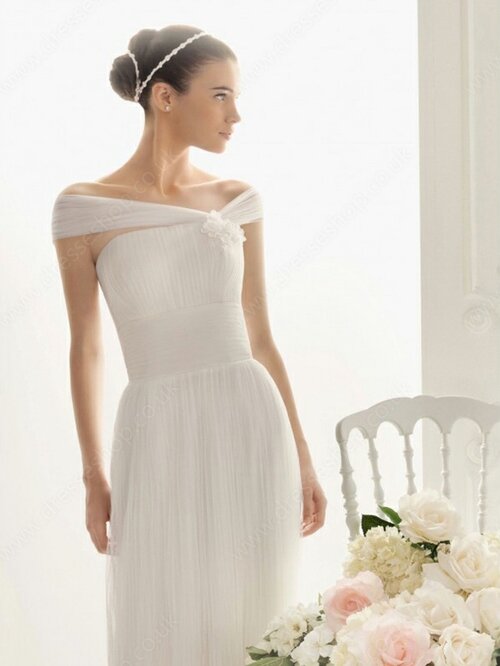 Promotion Sheath/Column White Tulle Flower(s) Off-the-shoulder Wedding Dresses #00012131