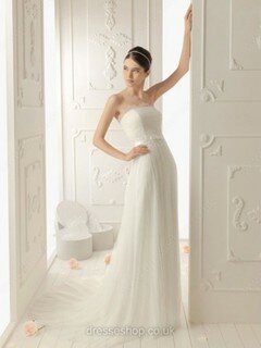 Girls Strapless Ivory Tulle Appliques Lace Sheath/Column Wedding Dress #00012132
