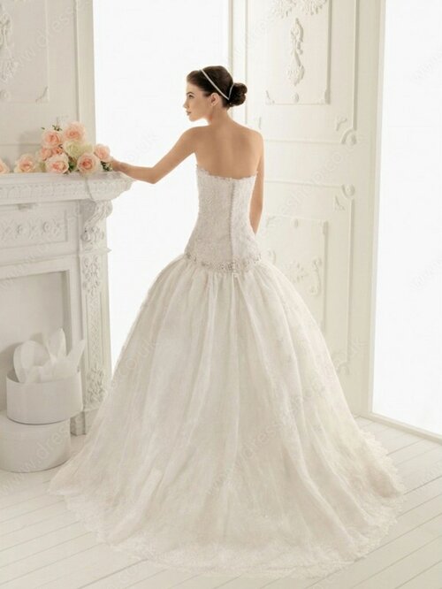 Ball Gown White Strapless Lace Tulle Sweep Train Expensive Wedding Dresses #00012160
