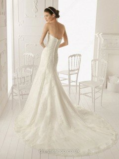 Famous White Lace Court Train Covered Button Trumpet/Mermaid Wedding Dresses #00012166