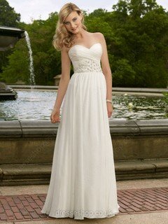 Sweetheart Chiffon with Button Sweep Train Promotion White Wedding Dresses #00015998
