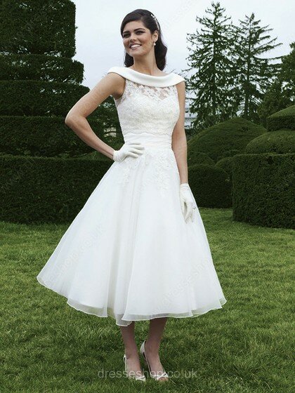 Tea-length White Organza Appliques Lace Sweetheart Exclusive Wedding Dresses #00016132