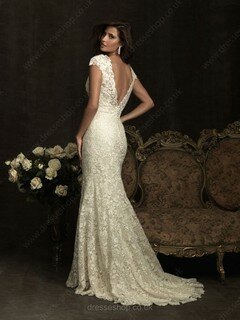 Cap Straps Open Back Trumpet/Mermaid Ivory Lace Buttons Sweep Train Wedding Dress #00016156