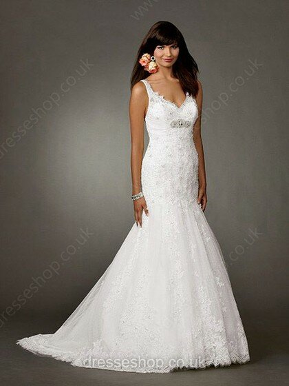 Fashion Trumpet/Mermaid White Lace Beading Sweep Train Wedding Dresses #00016326