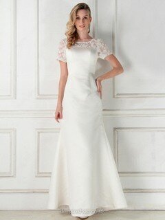 White Sheath/Column Satin Ankle-length Lace Short Sleeve Wedding Dresses #00016346