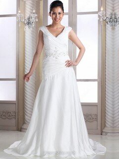A-line V-neck Satin Chiffon Court Train Beading Wedding Dresses #00016348