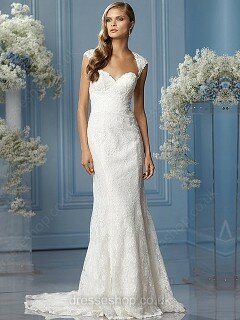 Sheath/Column Sweetheart Lace Satin Sweep Train Buttons Wedding Dresses #00016363