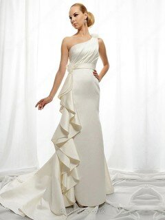 Sheath/Column One Shoulder Satin Court Train Flower(s) Wedding Dresses #00016451