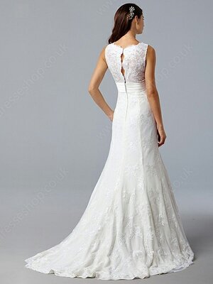 A-line Straps Lace Satin Sweep Train Sashes / Ribbons Wedding Dresses #00016482