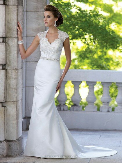 Cap Straps Sheath/Column V-neck White Satin Lace Open Back Wedding Dresses #00016499