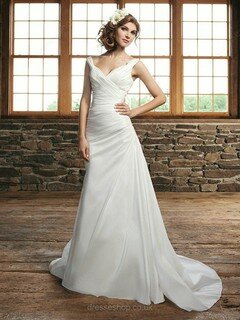 Off-the-shoulder Taffeta Lace-up Court Train Ruffles White Wedding Dresses #00016540