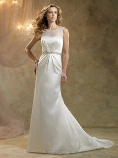 Discount Scoop Neck White Satin Tulle Beading Sheath/Column Wedding Dress #00016653