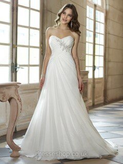 White Sweetheart Lace-up Chiffon with Appliques Lace Sweep Train Wedding Dress #00016719