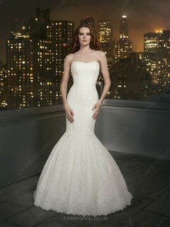 Gorgeous Strapless Lace Covered Button Court Train Trumpet/Mermaid Wedding Dresses #00016817