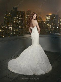 Gorgeous Strapless Lace Covered Button Court Train Trumpet/Mermaid Wedding Dresses #00016817