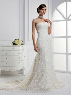 Sheath/Column Strapless Lace Chiffon Court Train Ruffles Wedding Dresses #00017225