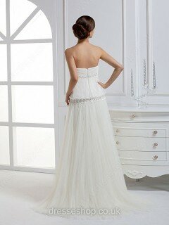 A-line Strapless Tulle Satin Sweep Train Beading Wedding Dresses #00017250