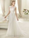 A-line Cap Straps Beautiful Tulle Flower(s) Scoop Neck Wedding Dress #00018028
