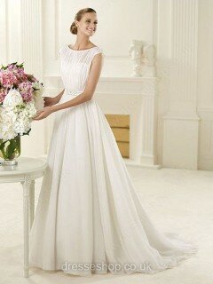 White Scoop Neck Chiffon Beading Sweep Train Gorgeous Wedding Dresses #00018029