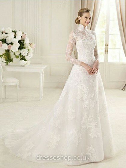 High Neck White Lace Court Train Buttons Long Sleeve Wedding Dress #00018033