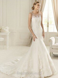 Trumpet/Mermaid Tulle with Appliques Lace Affordable Scoop Neck Wedding Dress #00018035