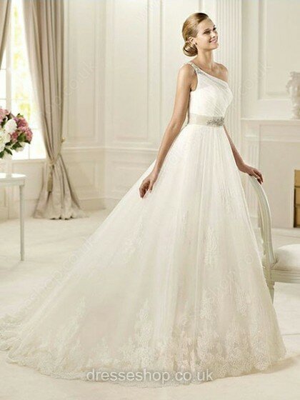 Princess One Shoulder Tulle with Appliques Lace Promotion White Wedding Dress #00018039
