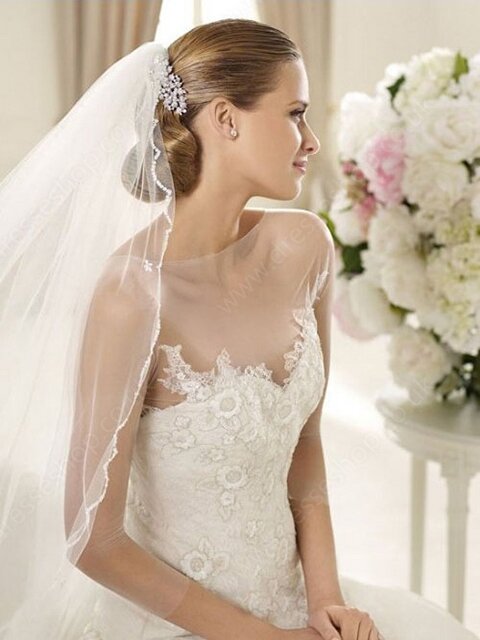 A-line Scoop Tulle Sweep Train Appliques Wedding Dresses #00018041